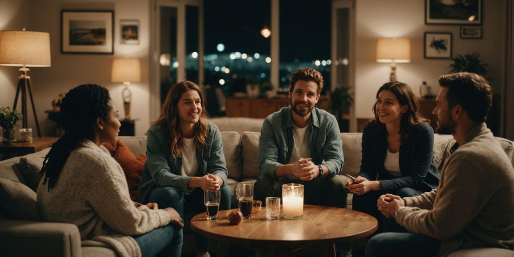 Group of people talking about feelings in a living room.