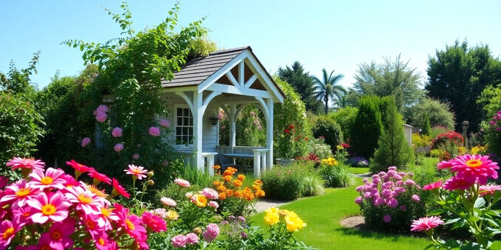 Pflege eines Gartenhauses in einer blühenden Landschaft.