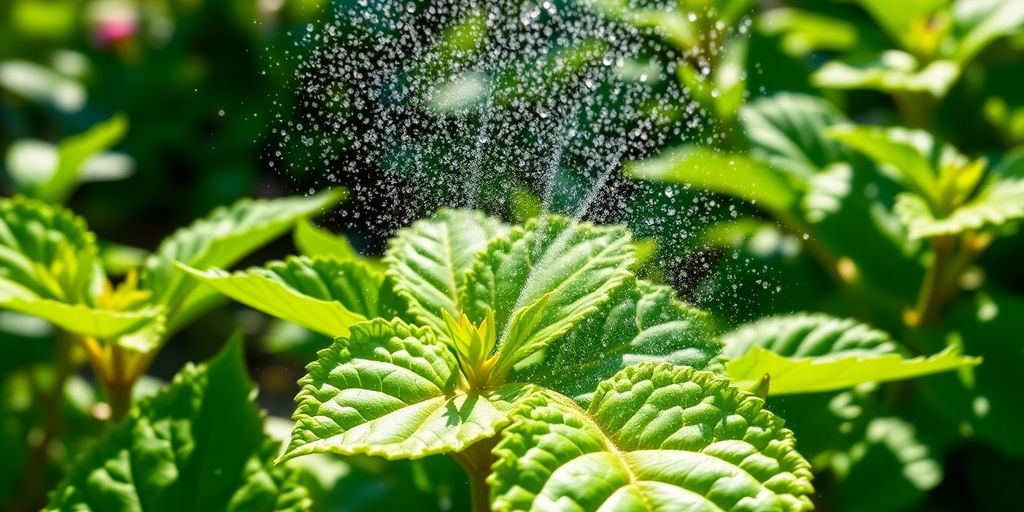 Close-up of leaves misted with nutrient-rich gel.