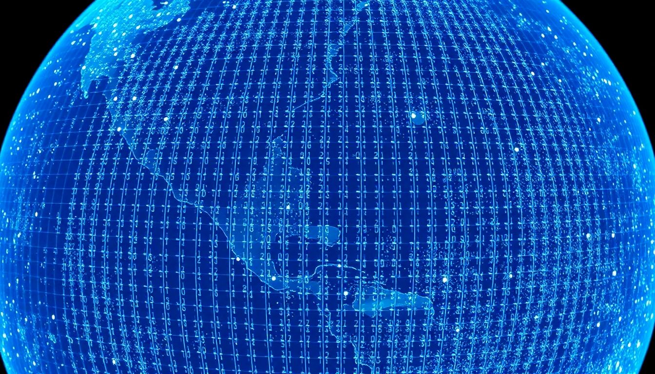 Abstract grid of Earth's surface with glowing nodes.