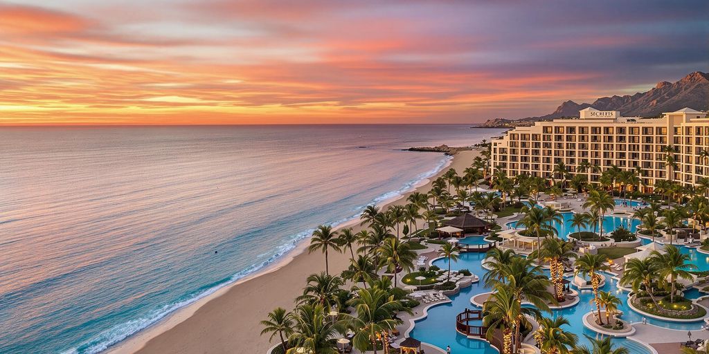 Luxurious oceanfront resort with pools and palm trees.