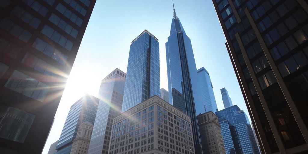 New York skyline, financial district buildings, sunlight.