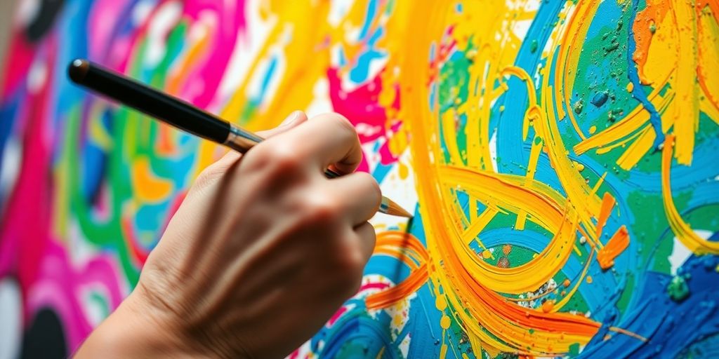 Artist's hands creating colorful abstract art.