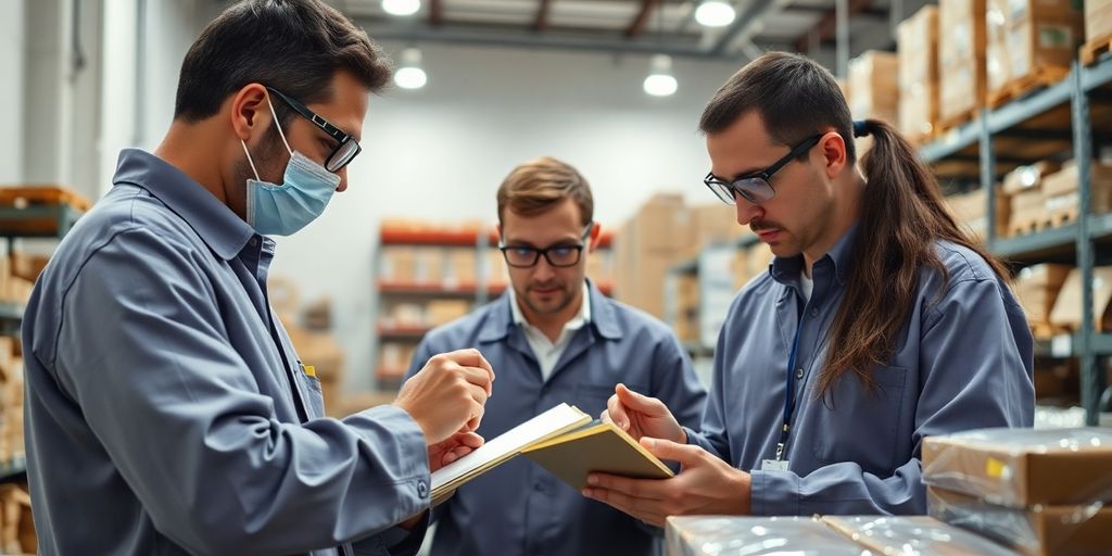 Quality control team inspecting products in a warehouse.