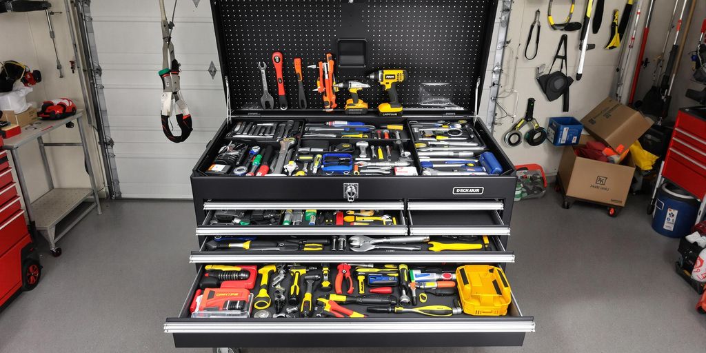 A garage tool storage chest filled with organized tools.