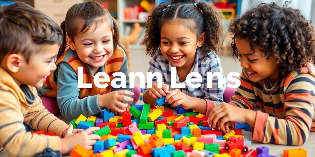 Bambini che giocano con giocattoli da costruzione colorati.