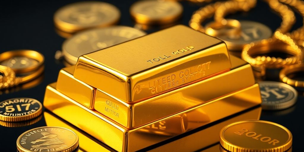Lingots d'or empilés avec des pièces de monnaie.