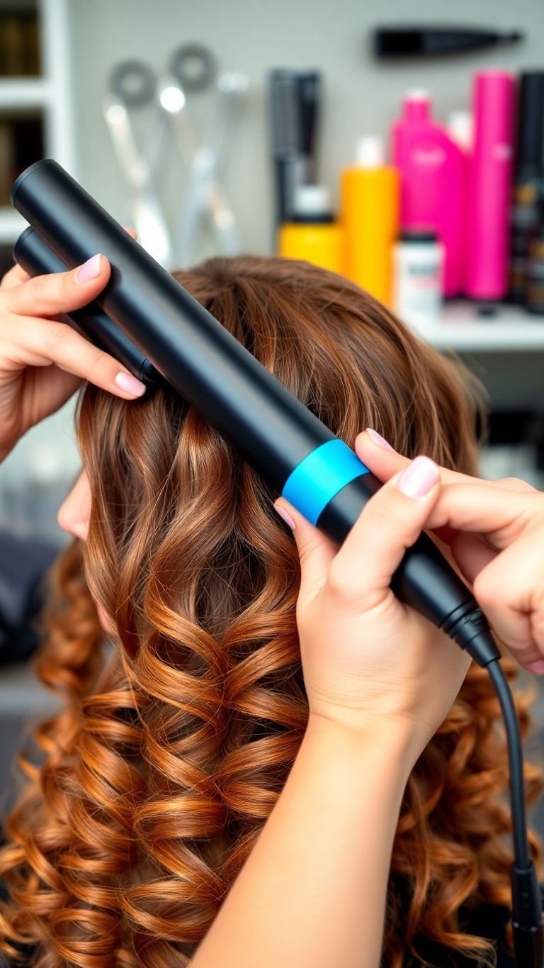 Hair stylist curling hair with a professional curling iron.