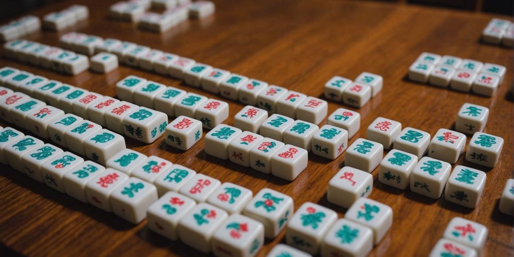 Different mahjong tiles displayed on a wooden surface.
