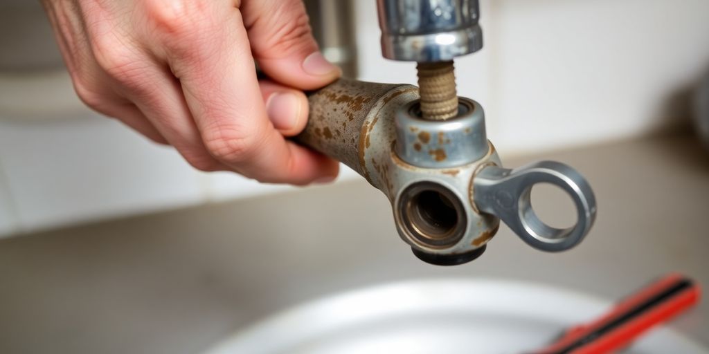 Hands loosen a worn kitchen tap.