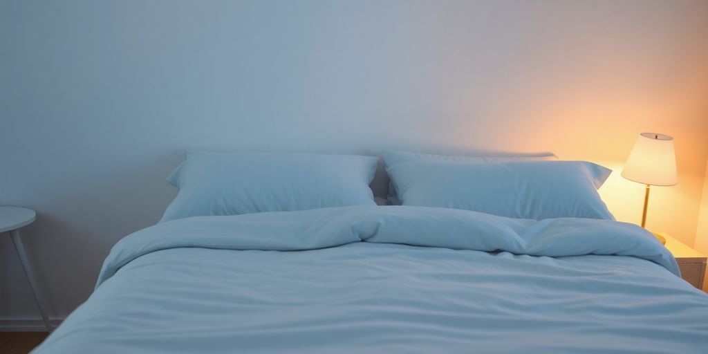 Cozy bedroom with soft lighting and a calming atmosphere.