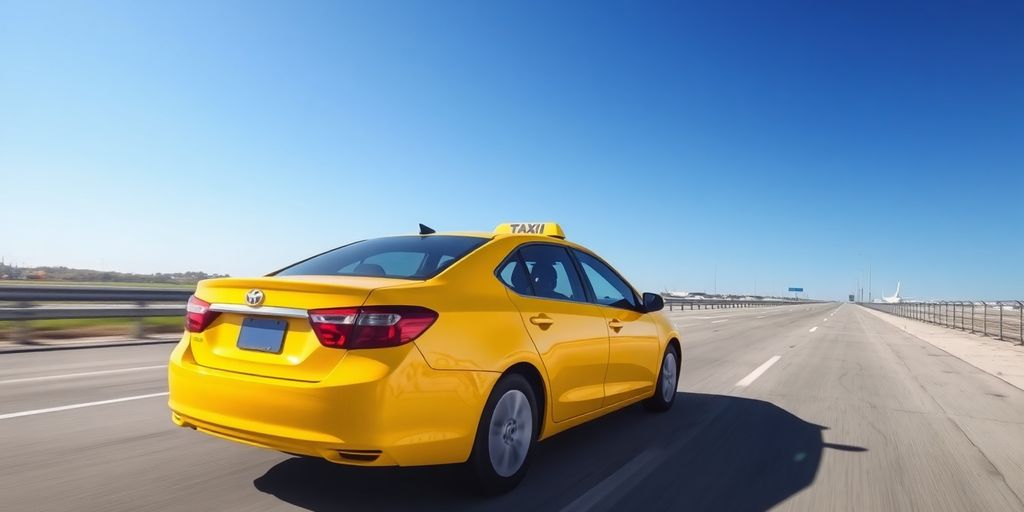 Clean yellow taxi driving on airport road.