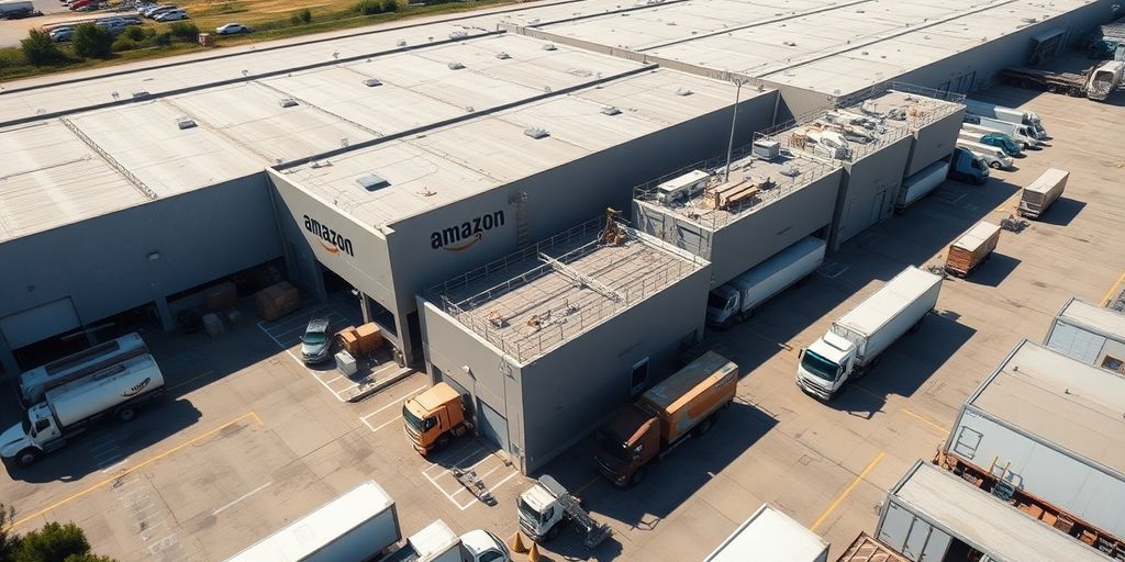 Aerial view of Amazon distribution center and logistics operations.