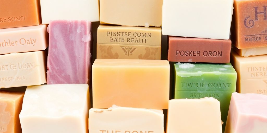 Assortment of colorful bar soaps.
