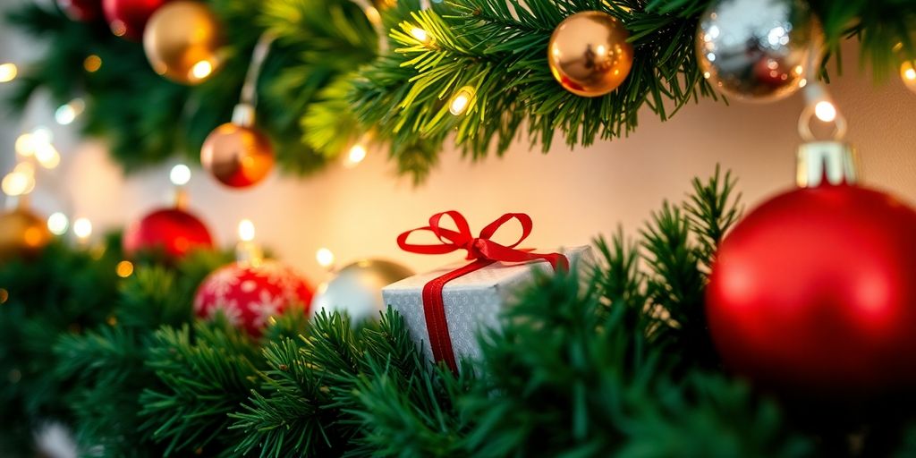 Colorful holiday decorations on a mantelpiece.