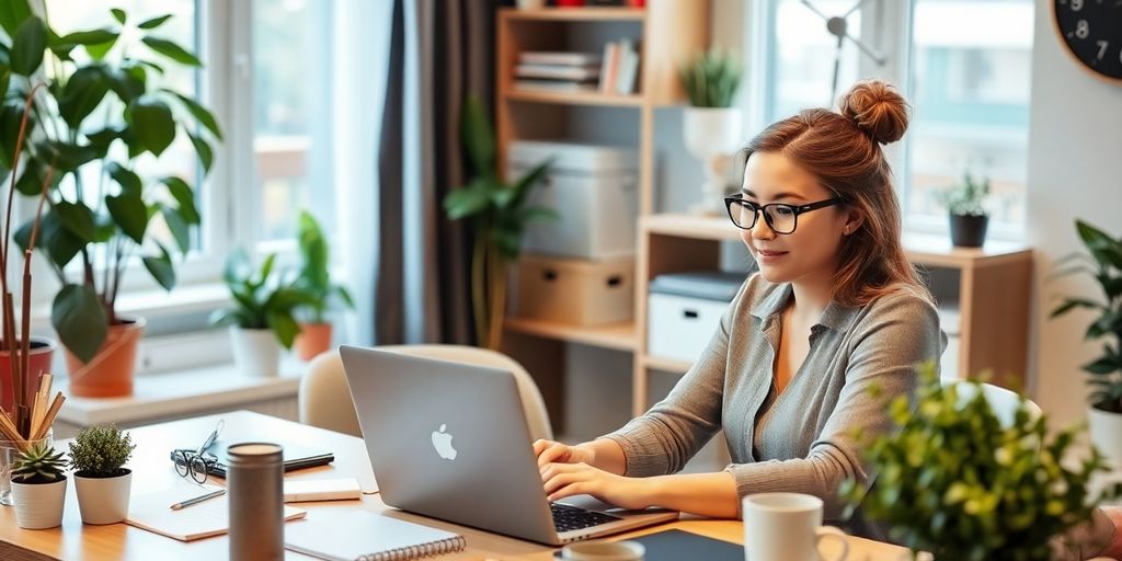 Virtual assistant working in a cozy home office.