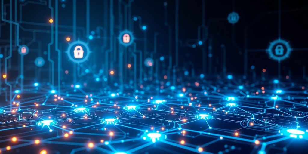 High-tech digital landscape showing cybersecurity elements and networks.