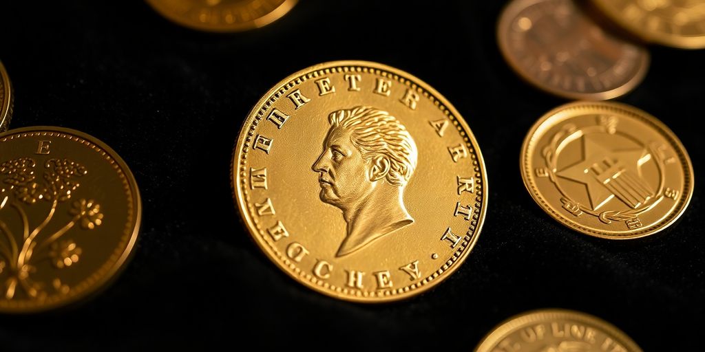 Pièce de Napoléon en or posée à côté d'autres pièces