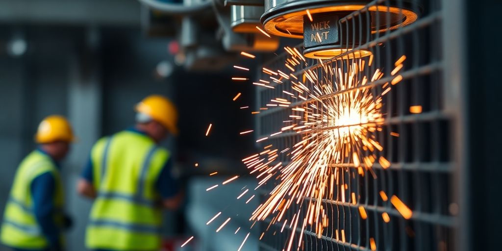 Mesh welding machine in action with sparks and safety gear.