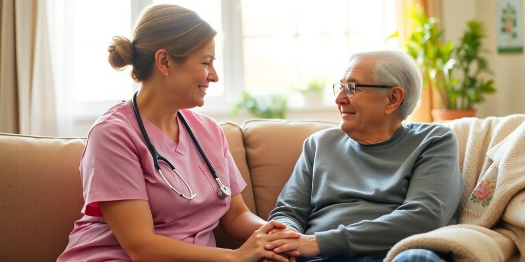 Compassionate nurse comforts elderly cancer patient at home.