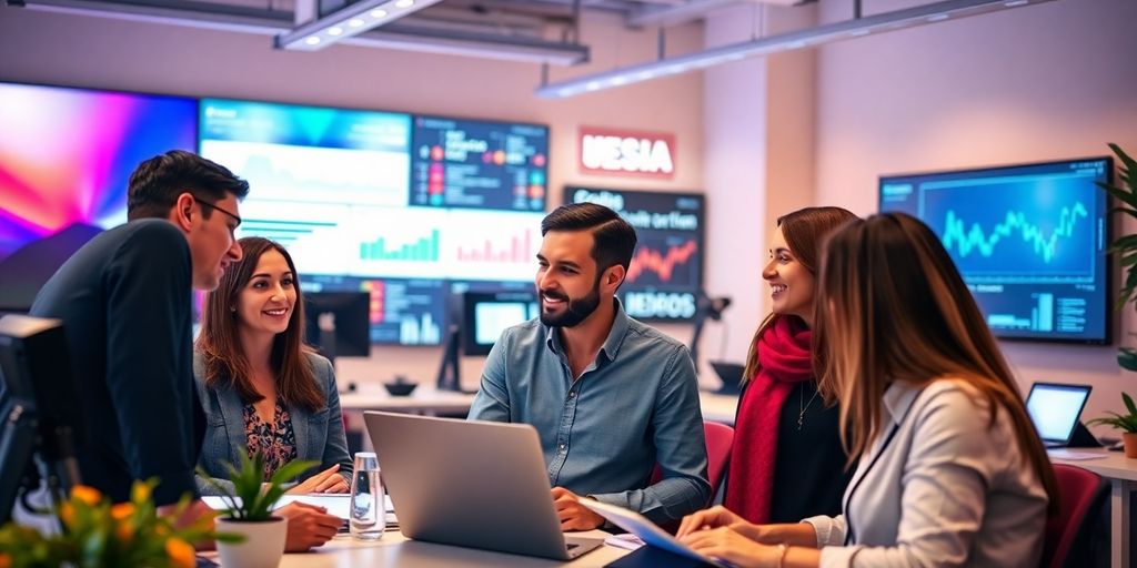 Profissionais de marketing digital em ambiente de escritório moderno.