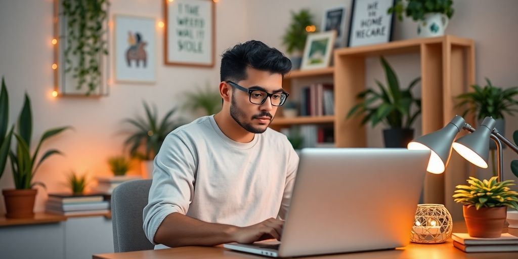 Person working at home desk with laptop and plants.