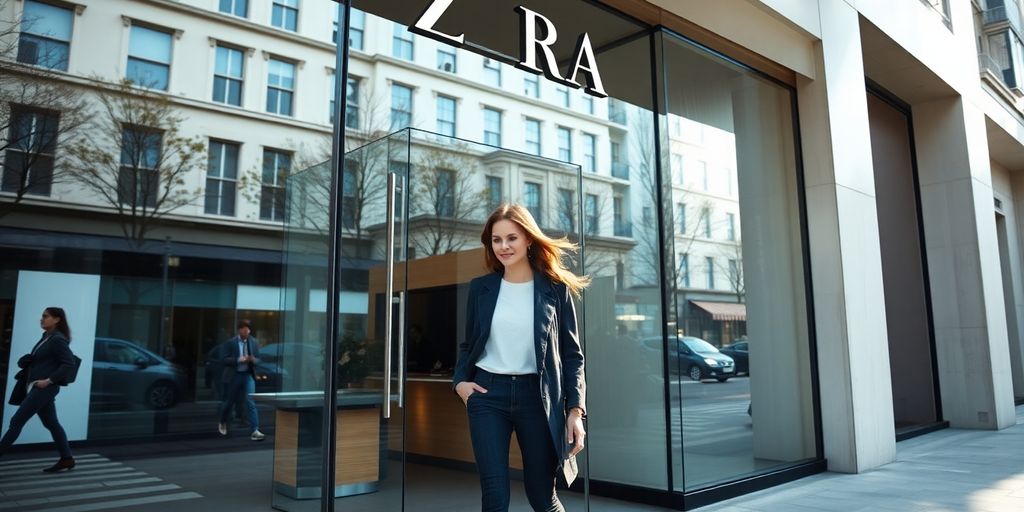 Woman exits modern Zara store, city backdrop.