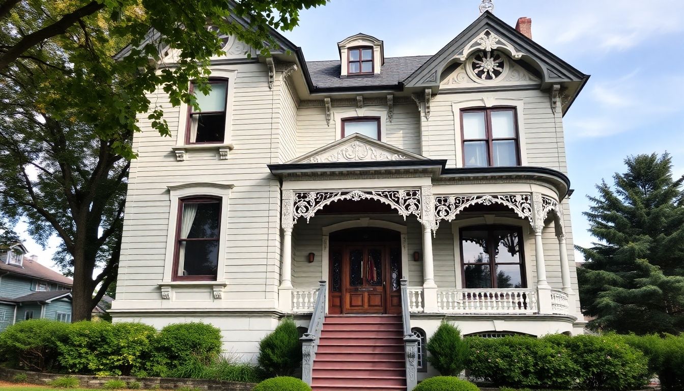 Victorian house with ornate details and vibrant greenery.