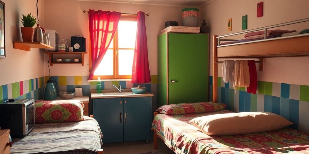 Budget-friendly hostel room with colorful decor and travelers.