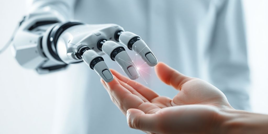 Robot hand, human hand, digital connection