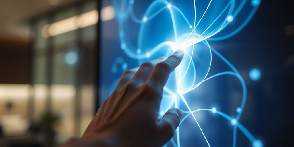 Human hand interacting with AI interface.