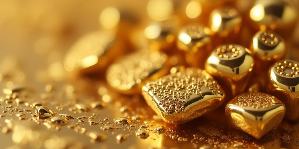 Des morceaux d'or dentaire brillants sur fond flou.