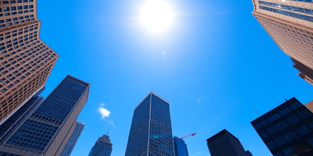 New York City skyline with financial district buildings.