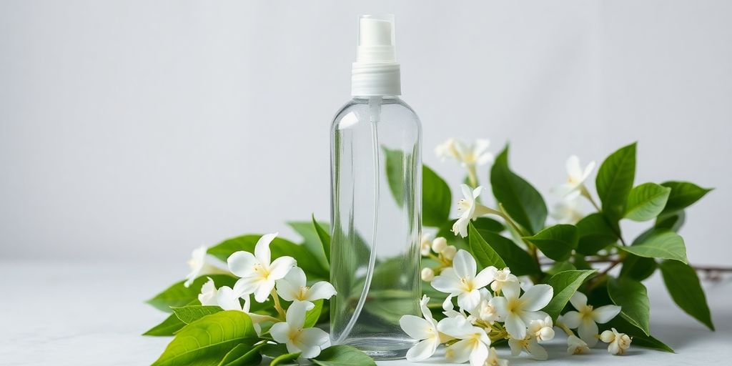 Flasche Haarspray neben natürlichen Pflanzen