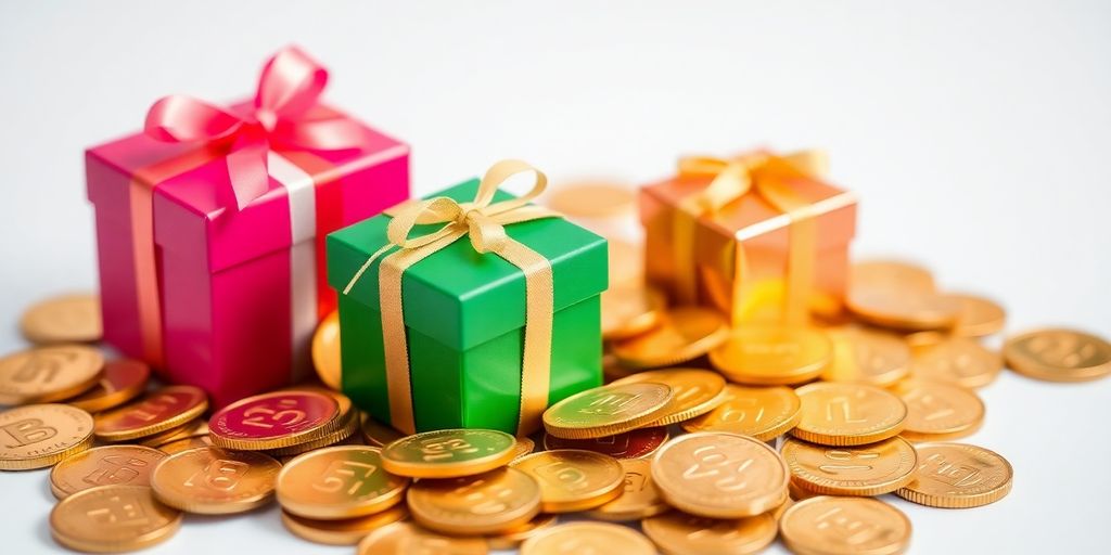 Pièces d'or et petites boîtes cadeaux.