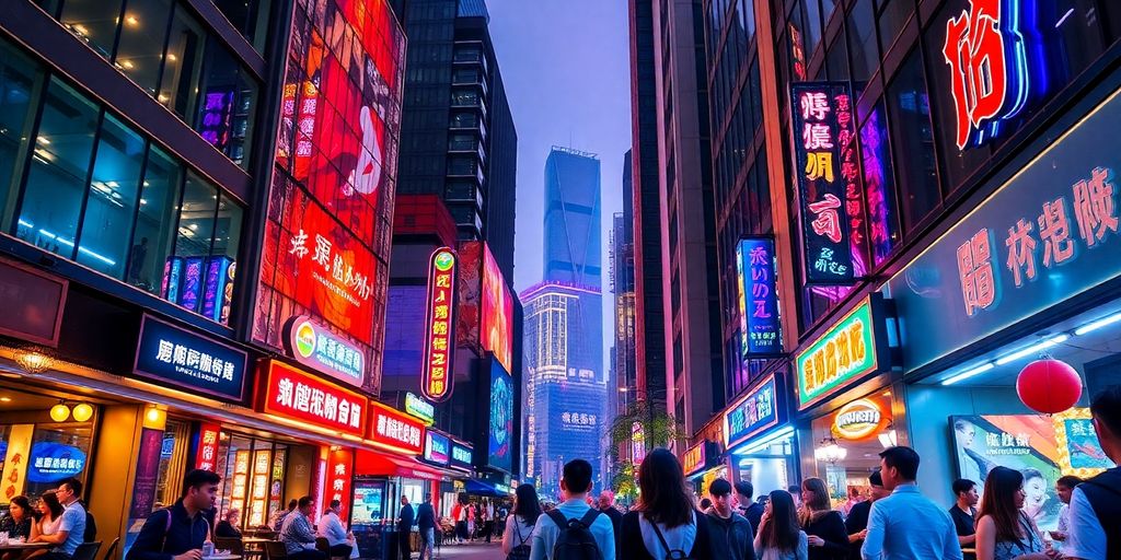 Vibrant Shanghai street with young professionals and cafes.