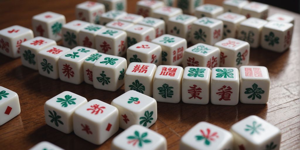 Mahjong set with tiles on a wooden table, ready for play.