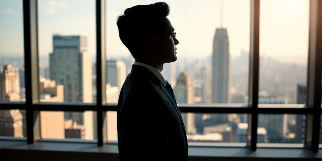 Professional standing, looking out over a city.