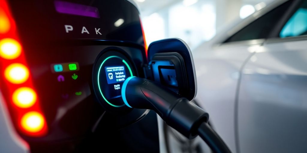 Electric vehicle charging at peak charger with LED indicators.