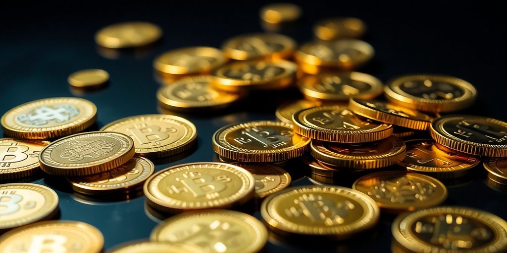 Pièces d'or éparpillées sur une surface sombre.