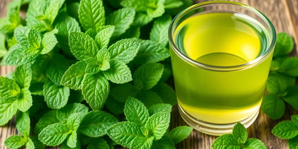 Fresh peppermint leaves and a calming cup of tea.