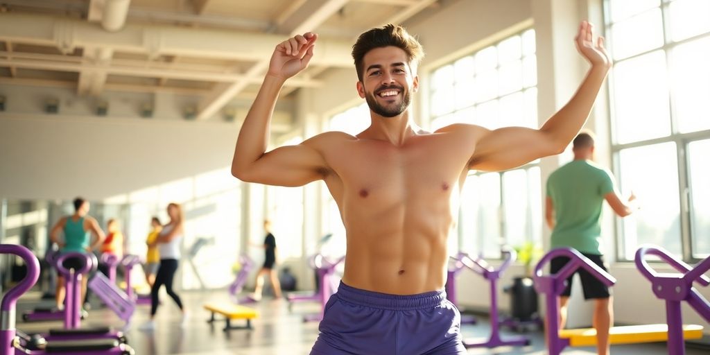 Person exercising in a vibrant gym.