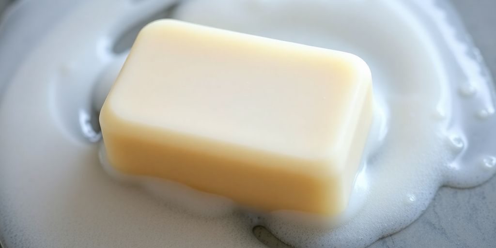 Creamy goat milk soap bar with gentle lather.