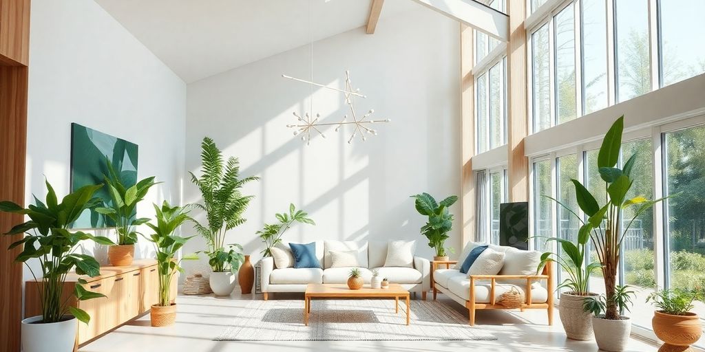 Bright living room with large windows and indoor plants.