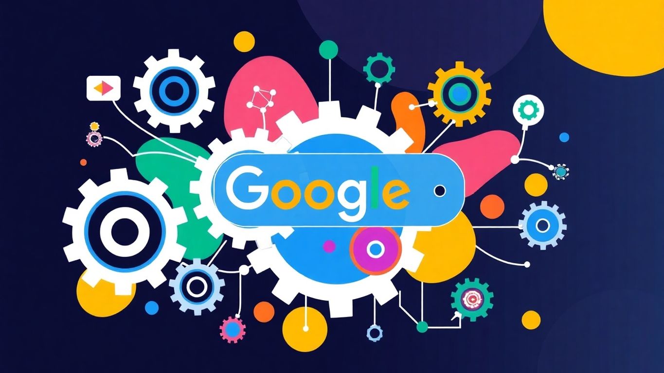 Graphic illustration of digital search engine elements and algorithms.