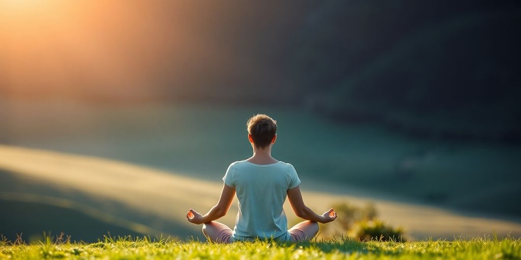 Person meditating peacefully in a serene natural setting.