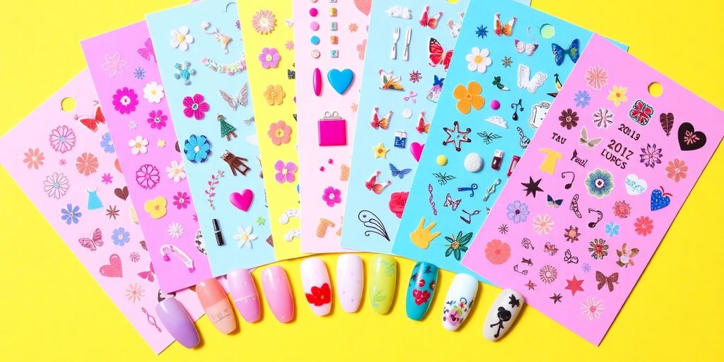 Colorful nail art stickers on a bright background.