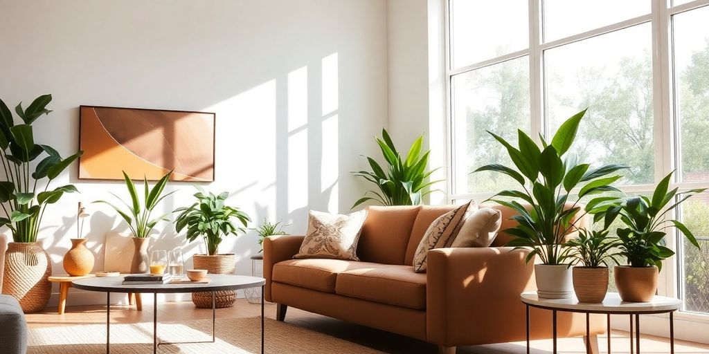 Cozy living room with warm lighting and stylish home decor.
