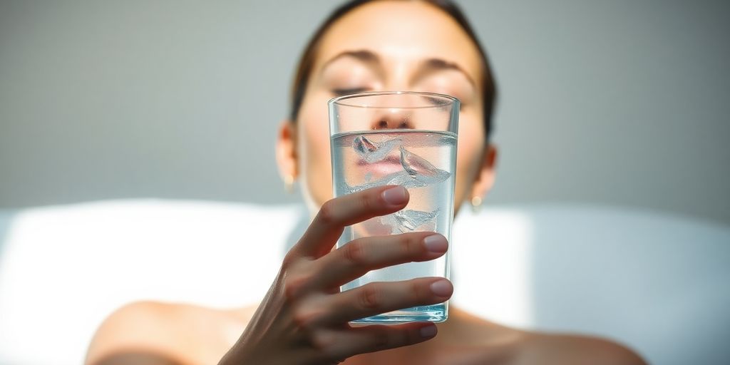 Person drinking water, looking calm.