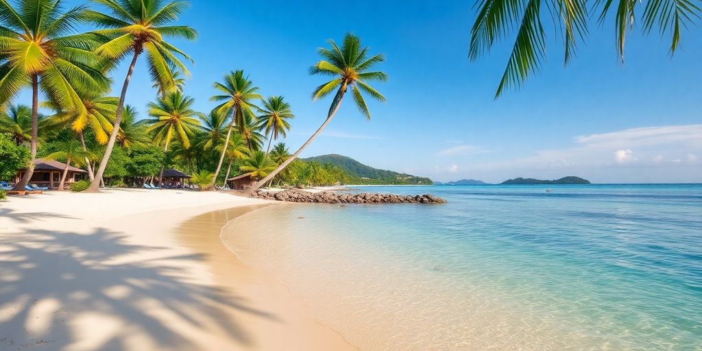 Lamai beach with palm trees and turquoise waters in Samui.